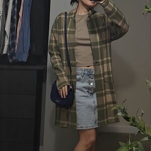 Christian Siriano Green and Tan Plaid Trench Coat